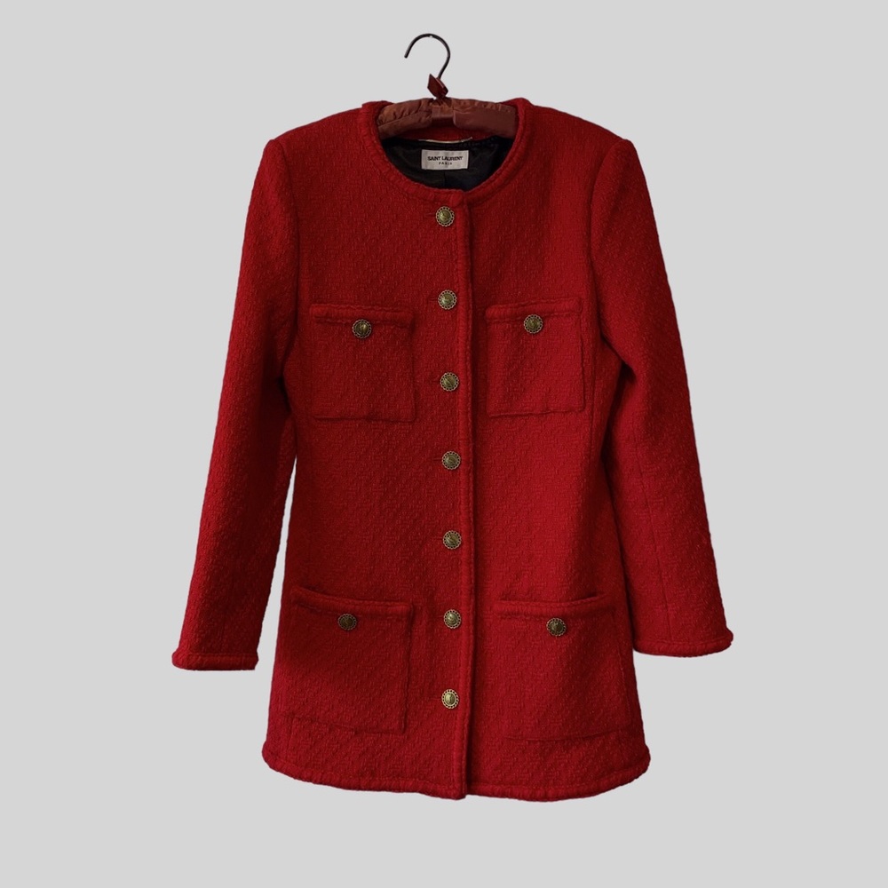 SAINT LAURENT PARIS DIAMOND EMBOSSED WOOL TWEED BLAZER JACKET RED - Picture 6 of 16